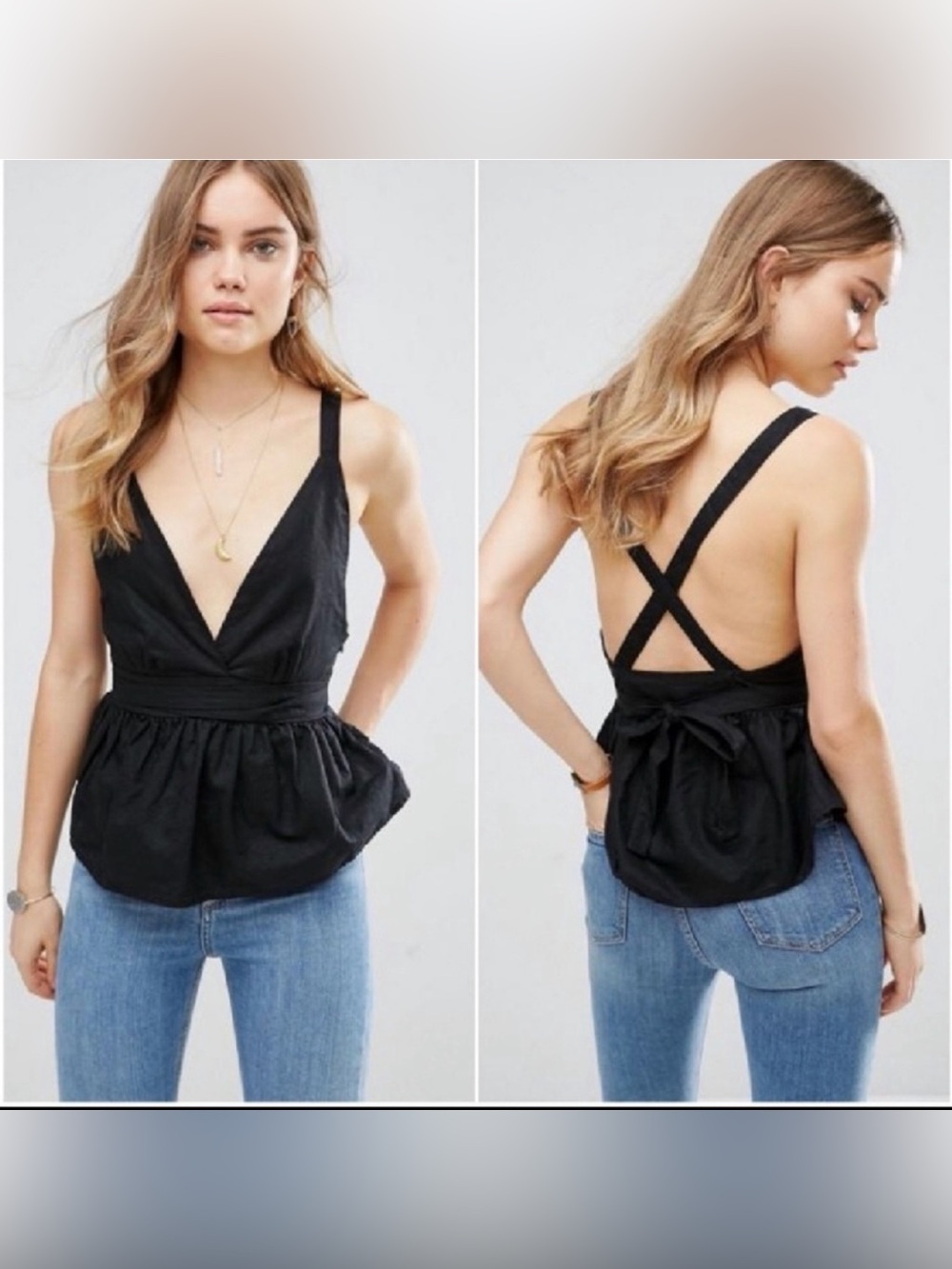 Free People Benji Flared V Neck Tie Tank 4 small black linen sexy plunge peplum